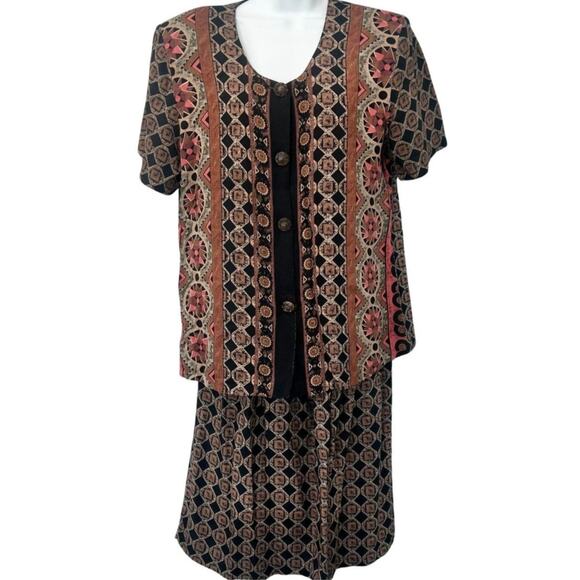 Vintage Dresses & Skirts - Vintage Brown Red Geometric Button Up Short Sleeve Top Skirt Suit Set size M